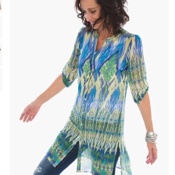 CHICO'S Ikat Breeze Top Small Petite (Chicos0) Sheer Tunic Boho Green Print NWT - Picture 2 of 10
